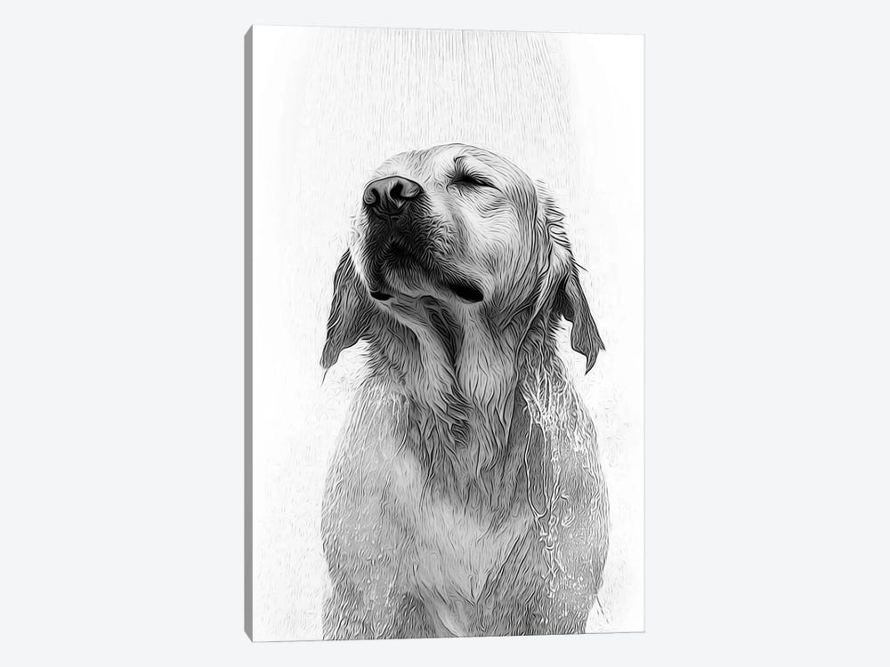 Cute Labrador Dog Taking A Shower, Black And White by Printable Lisa's Pets 1-piece Art Print