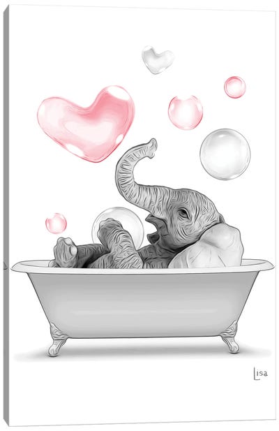 Elephant In The Bath With Red Bubbles Canvas Art Print - Printable Lisa's Pets