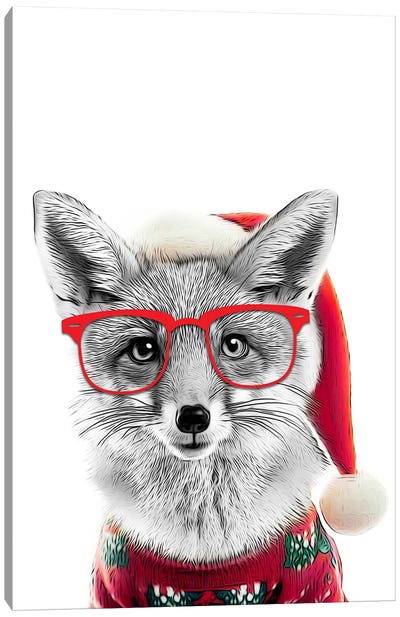 Cute Fox In Christmas Hat And Sweater Canvas Art Print - Printable Lisa's Pets