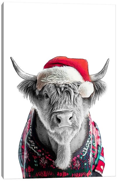 Cute Highland Cow In Christmas Hat And Sweater Canvas Art Print - Christmas Cow Art