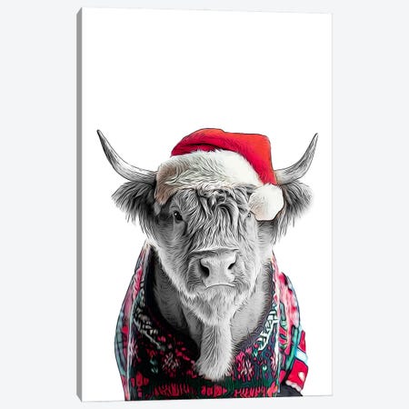 Cute Highland Cow In Christmas Hat And Sweater Canvas Print #LIP771} by Printable Lisa's Pets Canvas Wall Art