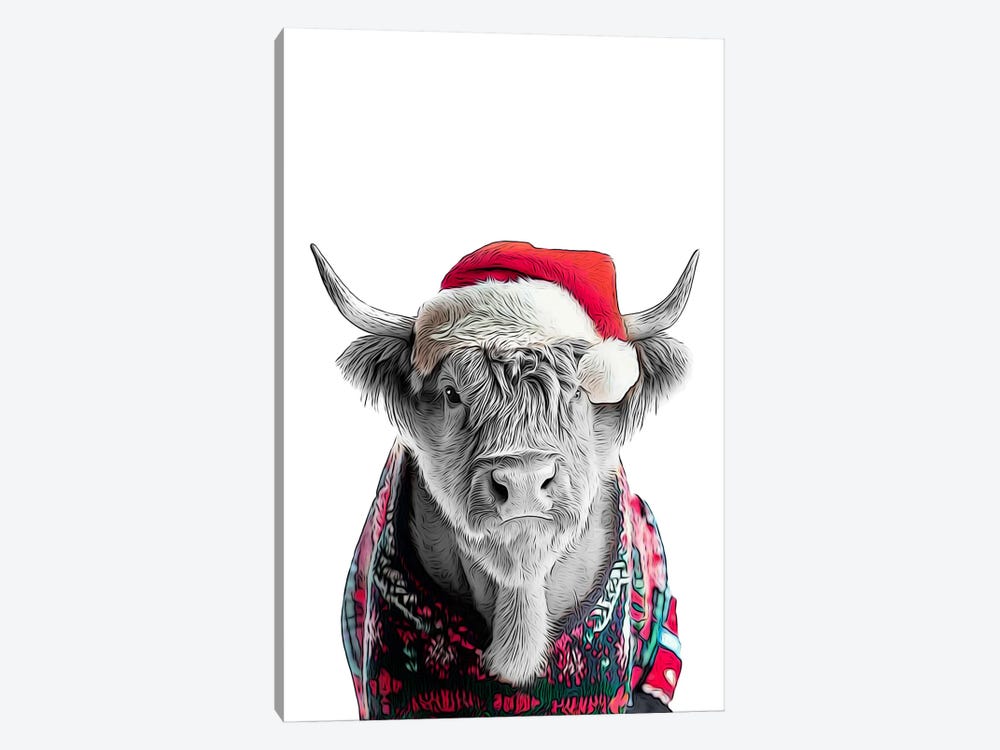 Cute Highland Cow In Christmas Hat And Sweater by Printable Lisa's Pets 1-piece Canvas Wall Art