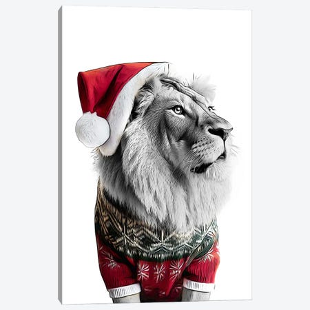 Cute Lion In Christmas Hat And Sweater Canvas Print #LIP772} by Printable Lisa's Pets Canvas Art