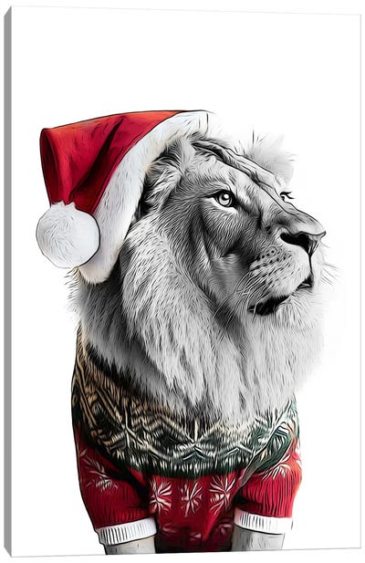 Cute Lion In Christmas Hat And Sweater Canvas Art Print - Christmas Animal Art