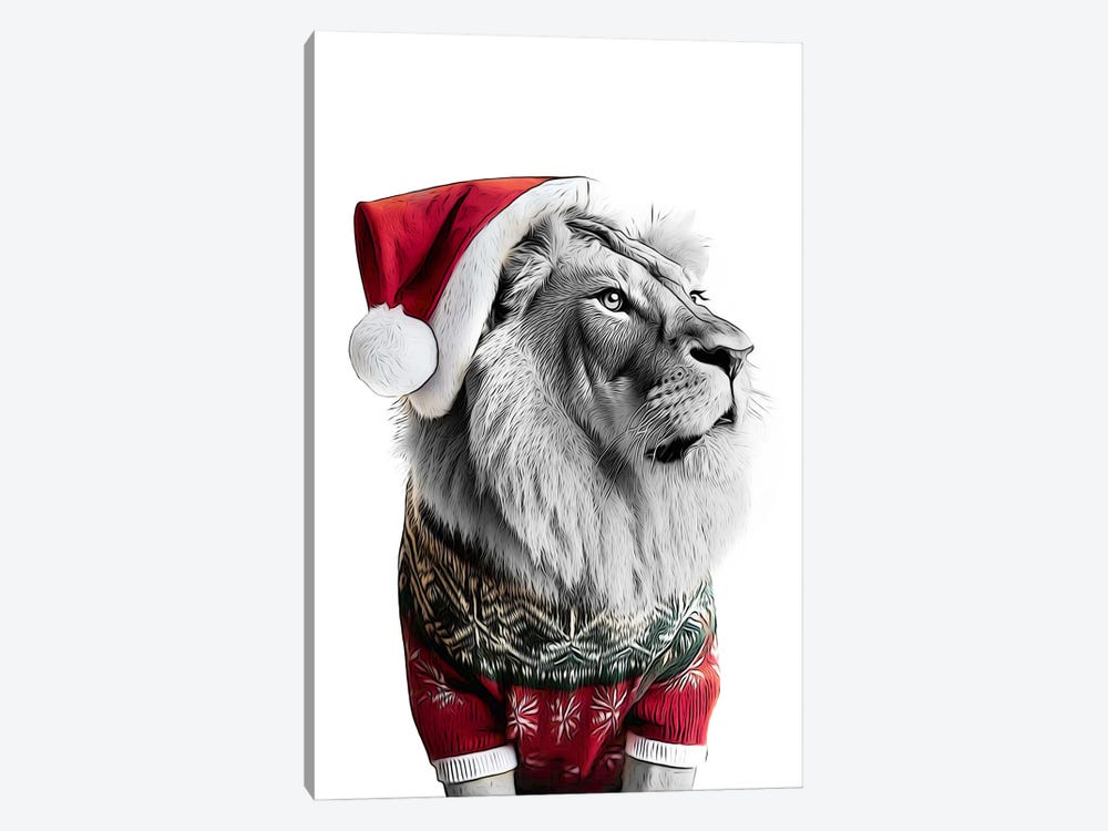 Cute Lion In Christmas Hat And Sweater by Printable Lisa's Pets 1-piece Art Print
