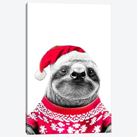 Cute Sloth In Christmas Hat And Sweater Canvas Print #LIP773} by Printable Lisa's Pets Canvas Wall Art