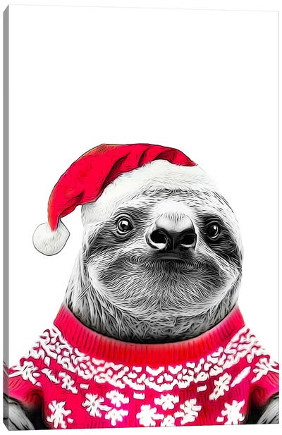 Cute Sloth In Christmas Hat And Sweater Canvas Art Print - Printable Lisa's Pets