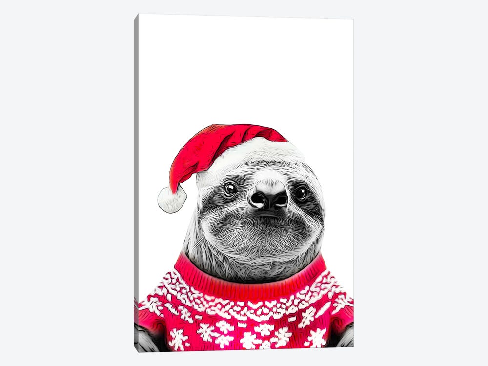 Cute Sloth In Christmas Hat And Sweater by Printable Lisa's Pets 1-piece Canvas Wall Art