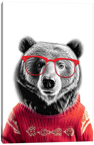 Cute Bear In Christmas Sweater Canvas Art Print - Christmas Animal Art