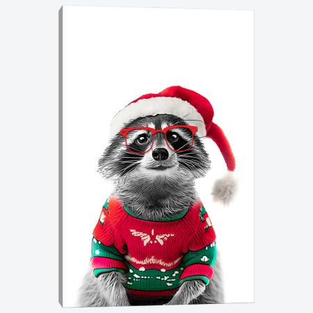 Cute Raccoon In Christmas Hat And Sweater Canvas Print #LIP775} by Printable Lisa's Pets Canvas Print