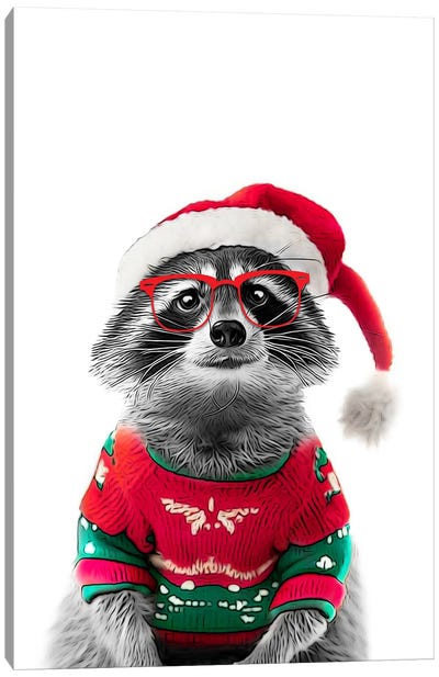 Cute Raccoon In Christmas Hat And Sweater Canvas Art Print - Christmas Animal Art