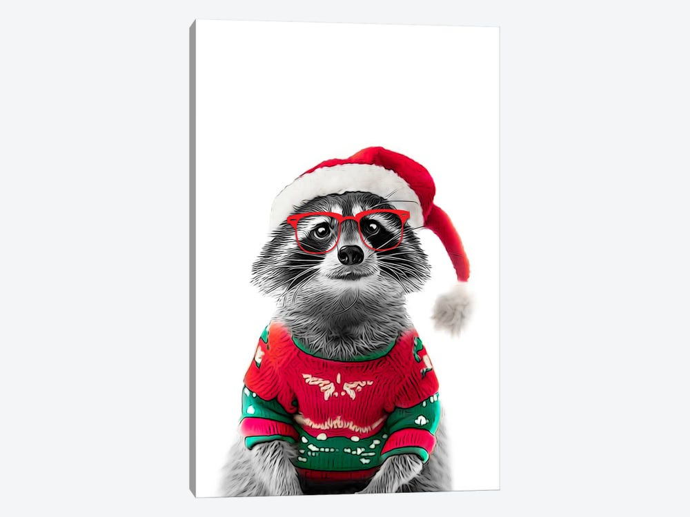 Cute Raccoon In Christmas Hat And Sweater by Printable Lisa's Pets 1-piece Canvas Artwork