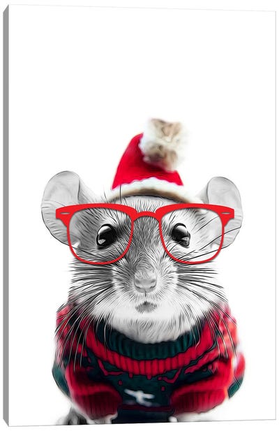 Cute Mouse In Christmas Hat And Sweater Canvas Art Print - Christmas Animal Art