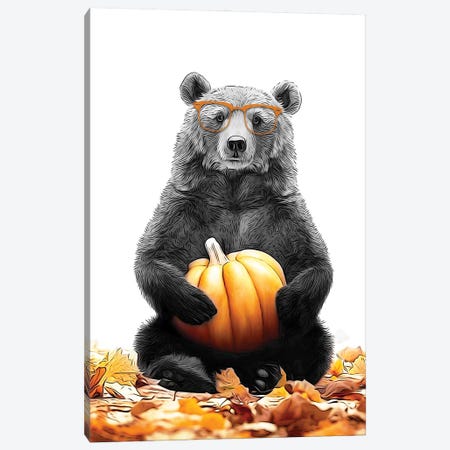 Cute Bear With Autumn Pumpkin Canvas Print #LIP782} by Printable Lisa's Pets Canvas Art Print