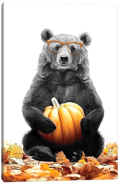 Cute Bear With Autumn Pumpkin Canvas Art Print - Printable Lisa's Pets