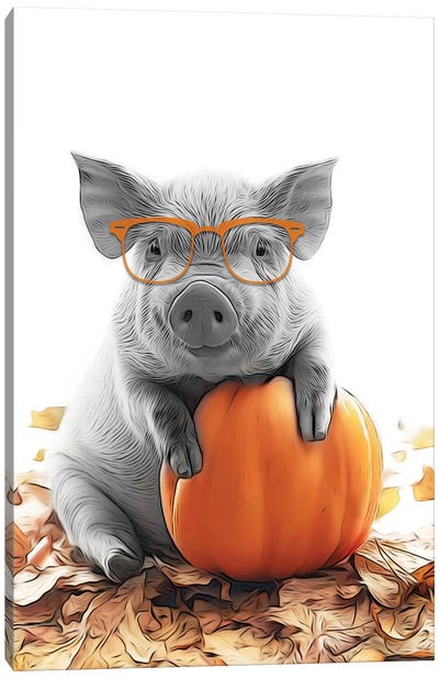 Cute Pig With Autumn Pumpkin Canvas Art Print - Farm Animal Art