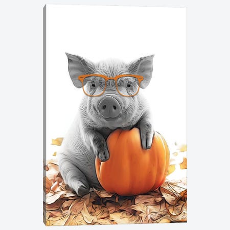 Cute Pig With Autumn Pumpkin Canvas Print #LIP783} by Printable Lisa's Pets Art Print