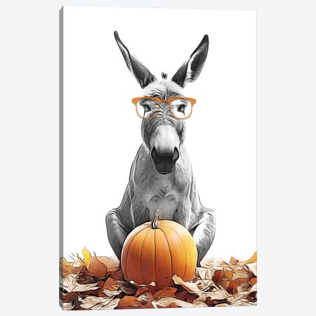 Cute Donkey With Autumn Pumpkin Canvas Print #LIP784} by Printable Lisa's Pets Canvas Artwork