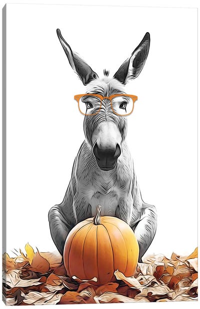 Cute Donkey With Autumn Pumpkin Canvas Art Print - Printable Lisa's Pets
