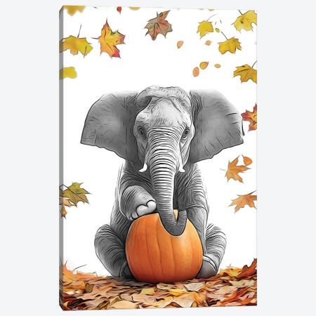 Cute Elephant With Autumn Pumpkin Canvas Print #LIP785} by Printable Lisa's Pets Canvas Artwork