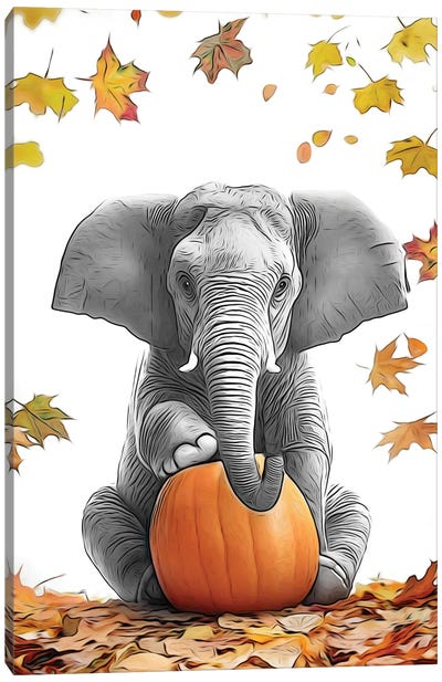 Cute Elephant With Autumn Pumpkin Canvas Art Print - Pumpkins