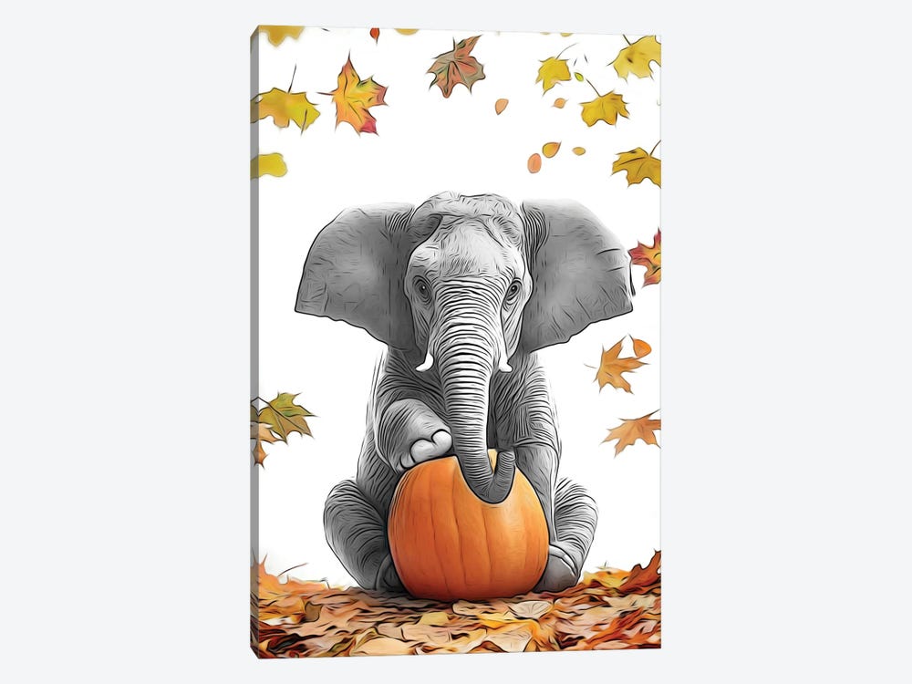 Cute Elephant With Autumn Pumpkin by Printable Lisa's Pets 1-piece Canvas Print