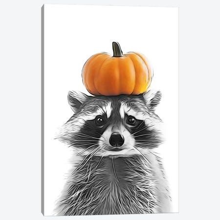 Cute Raccoon With Autumn Pumpkin On His Head Canvas Print #LIP786} by Printable Lisa's Pets Canvas Art