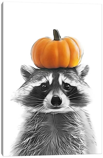 Cute Raccoon With Autumn Pumpkin On His Head Canvas Art Print - Pumpkins