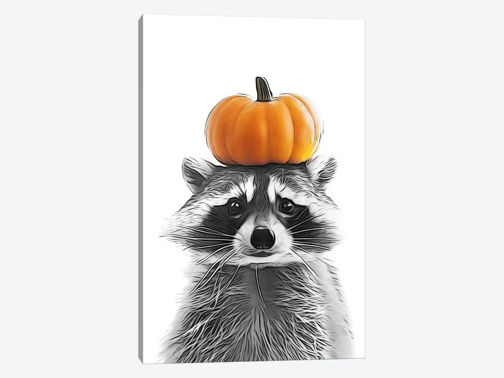 Cute Raccoon With Autumn Pumpkin On His Head by Printable Lisa's Pets 1-piece Canvas Wall Art