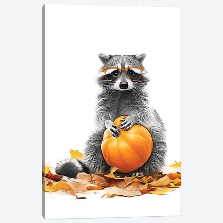 Cute Raccoon With Autumn Pumpkin Canvas Print #LIP787} by Printable Lisa's Pets Canvas Wall Art