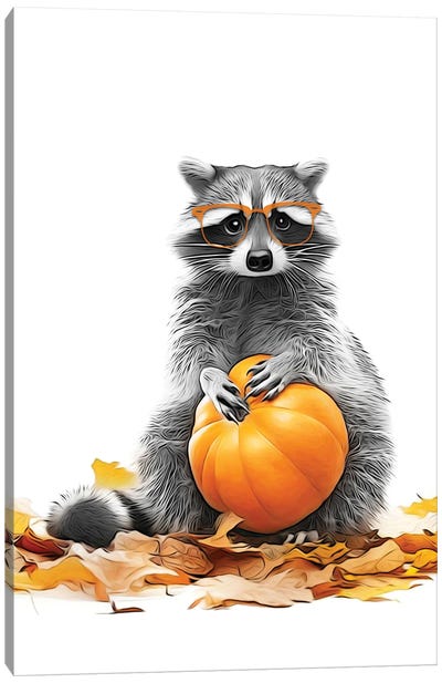 Cute Raccoon With Autumn Pumpkin Canvas Art Print - Raccoon Art