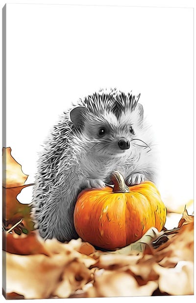 Cute Hedgehog With Autumn Pumpkin Canvas Art Print - Hedgehogs