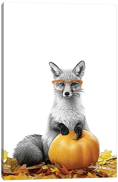 Cute Fox With Autumn Pumpkin Canvas Art Print - Printable Lisa's Pets