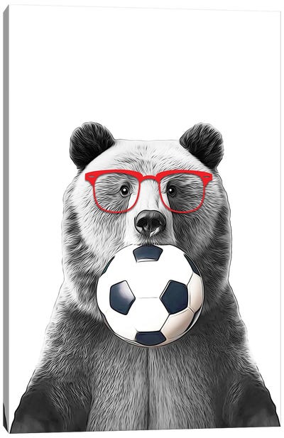 Bear With Soccer Ball And Red Glasses Canvas Art Print - Bear Art