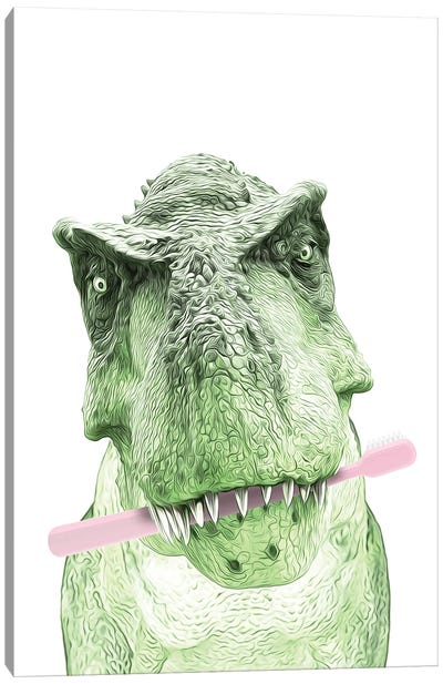 T Rex Dinosaur With Pink Toothbrush Canvas Art Print - Prehistoric Animal Art