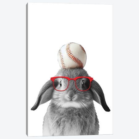 Funny Bunny With Baseball Ball And Red Glasses Canvas Print #LIP793} by Printable Lisa's Pets Canvas Artwork