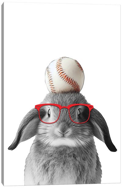 Funny Bunny With Baseball Ball And Red Glasses Canvas Art Print - Baseball Art
