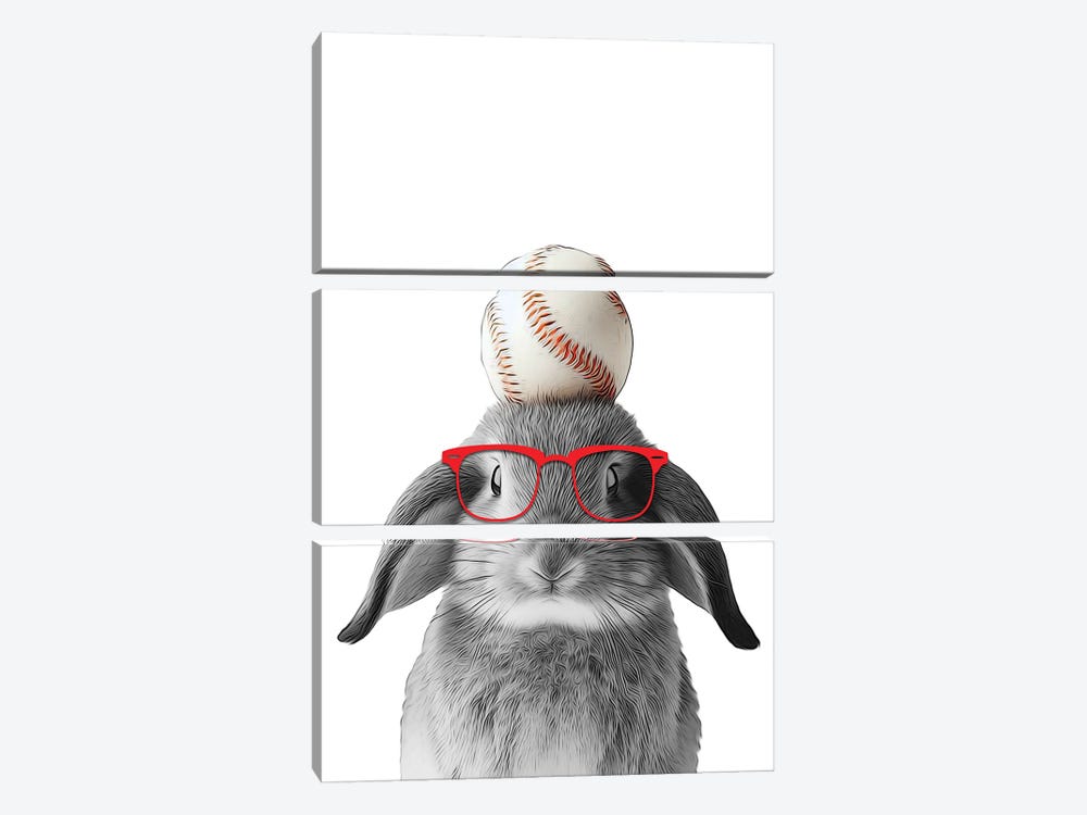 Funny Bunny With Baseball Ball And Red Glasses by Printable Lisa's Pets 3-piece Canvas Artwork