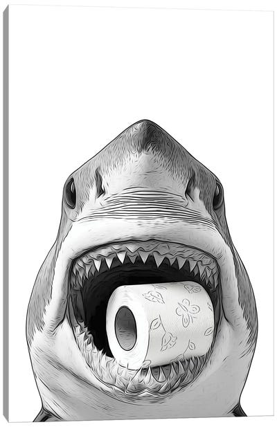 Funny Shark With Toilet Paper Roll Canvas Art Print - Bathroom Humor Art
