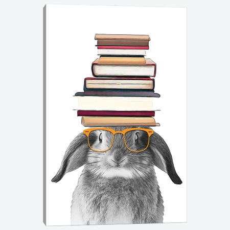 Bunny Animal With Books On His Head And Eyeglasses Canvas Print #LIP803} by Printable Lisa's Pets Canvas Art