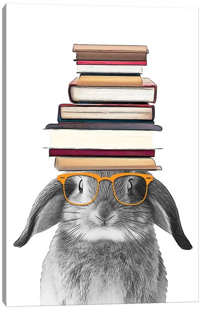 Bunny Animal With Books On His Head And Eyeglasses Canvas Art Print - Animal Humor Art