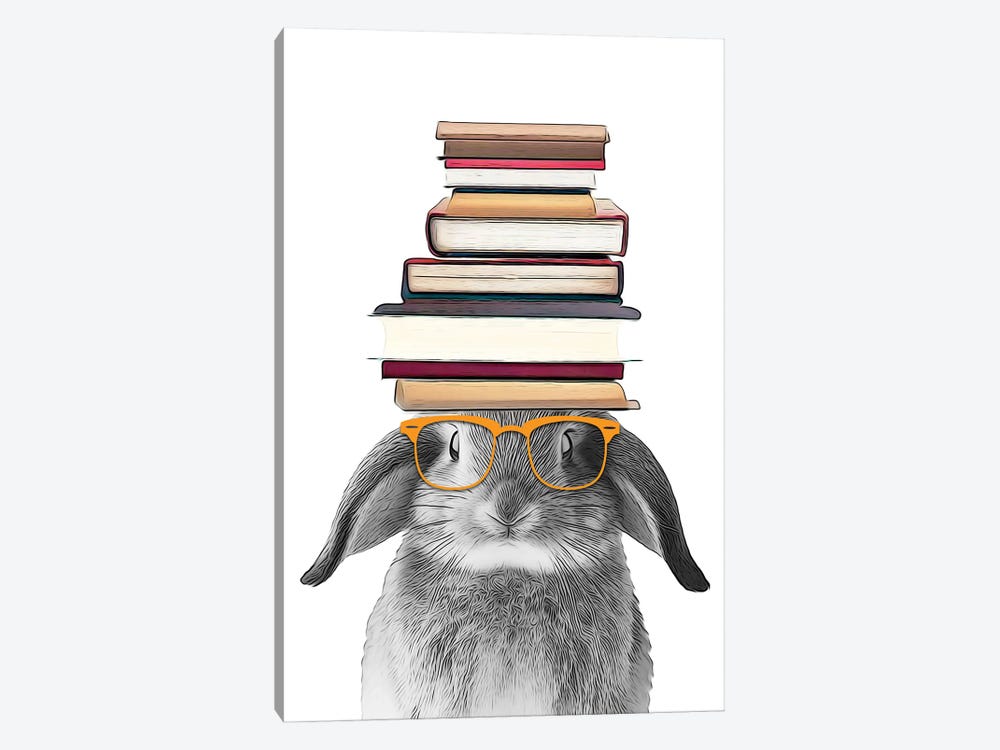 Bunny Animal With Books On His Head And Eyeglasses by Printable Lisa's Pets 1-piece Canvas Art Print