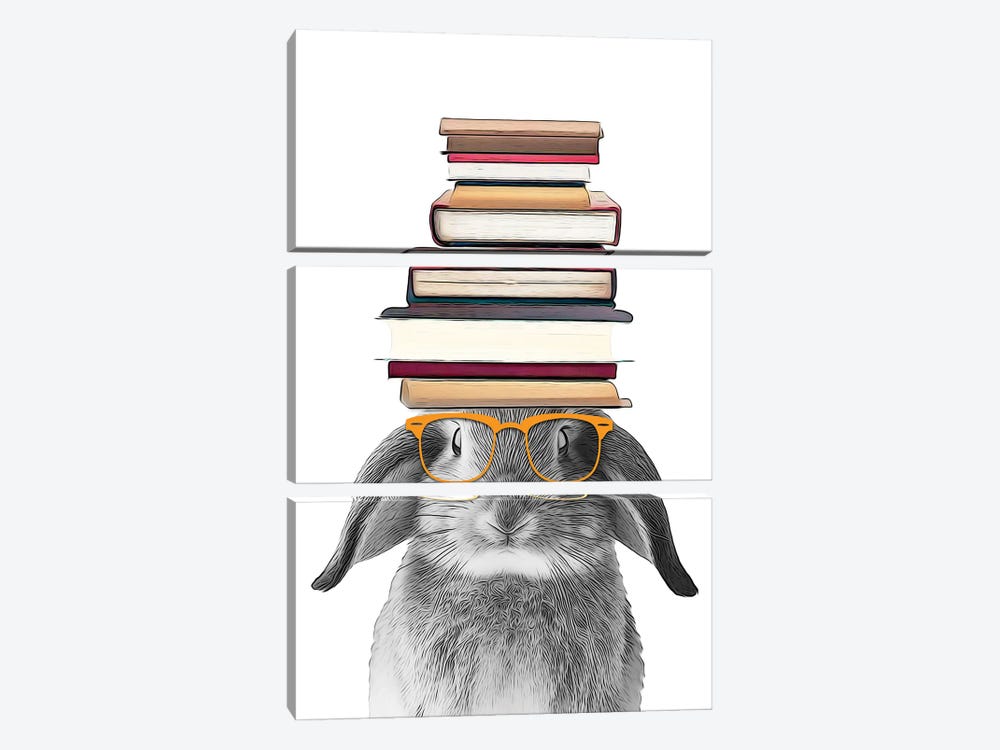 Bunny Animal With Books On His Head And Eyeglasses by Printable Lisa's Pets 3-piece Canvas Art Print