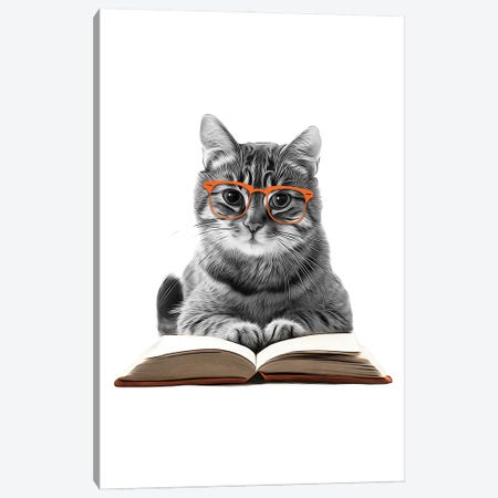 Cat With Glasses Reading A Book Canvas Print #LIP804} by Printable Lisa's Pets Art Print