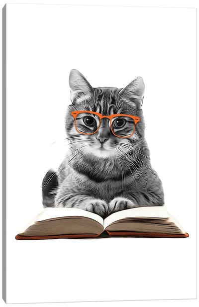 Cat With Glasses Reading A Book Canvas Art Print - Book Art