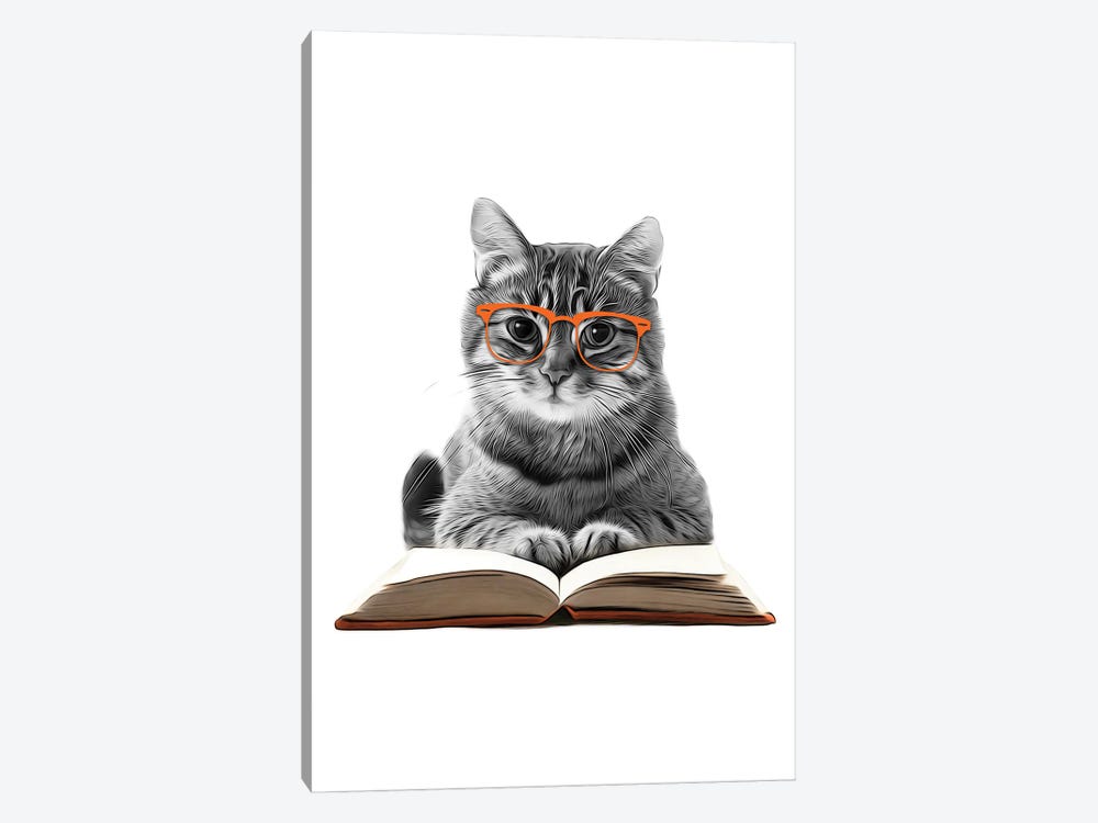 Cat With Glasses Reading A Book by Printable Lisa's Pets 1-piece Canvas Wall Art