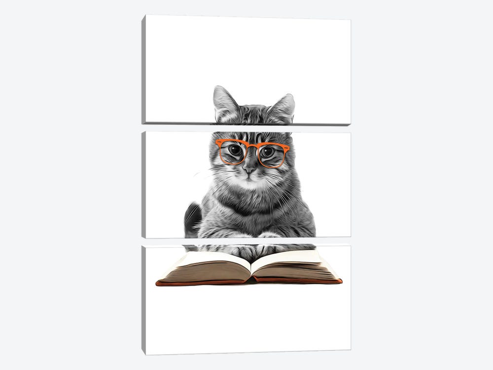 Cat With Glasses Reading A Book by Printable Lisa's Pets 3-piece Canvas Art