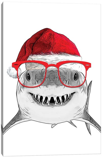 Funny Shark With Christmas Hat And Red Glasses Canvas Art Print - Shark Art
