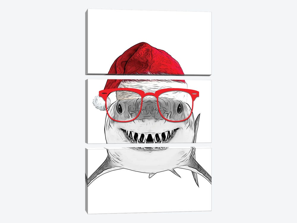 Funny Shark With Christmas Hat And Red Glasses by Printable Lisa's Pets 3-piece Art Print