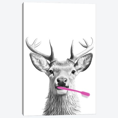 Deer With Pink Toothbrush Canvas Print #LIP808} by Printable Lisa's Pets Canvas Wall Art